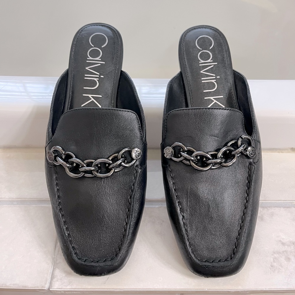 Calvin Klein Black Leather Mule Loafers with Chain Detail